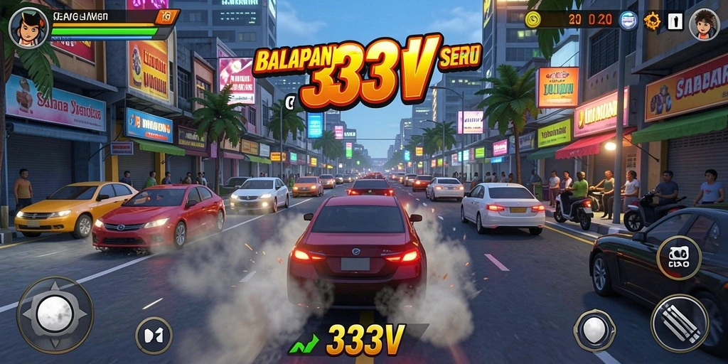 Tampilan aksi balapan mendebarkan di 333V dengan mobil yang melaju cepat.