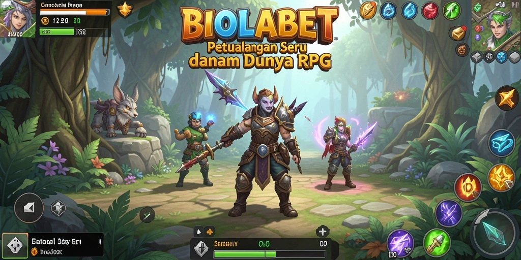 Tampilan screenshot utama BIOLABET menunjukkan karakter yang sedang bertarung di dunia RPG yang epik.
