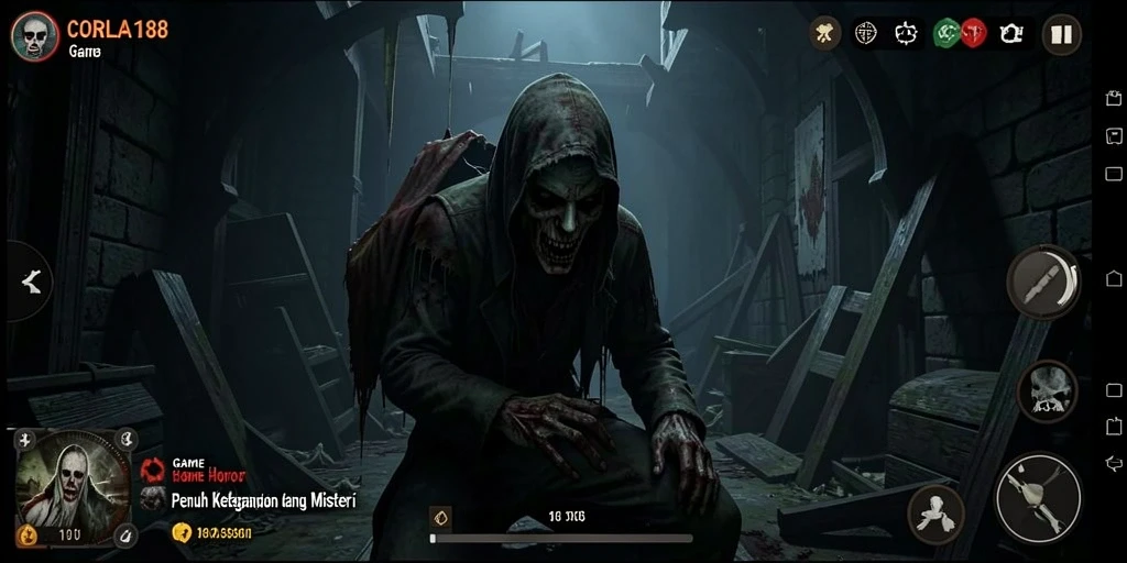 Tampilan gameplay menakutkan dari CORLA188 dengan suasana yang mencekam.