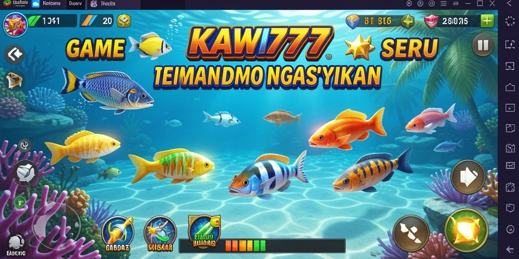 Tampilan gameplay KAWI777 saat menembak berbagai ikan.