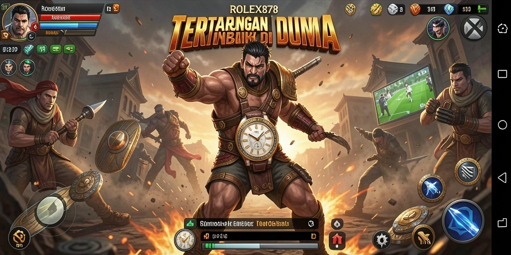 Tampilan gameplay ROLEX878 dengan karakter bertarung di arena.