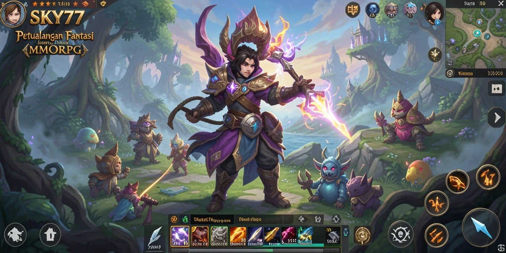 Screenshot dari gameplay <strong>SKY77</strong> menunjukkan dunia fantasi yang detail dan penuh aksinya.
